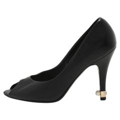 Chanel Black Leather CC Embellished Peep Toe Pumps Size 36