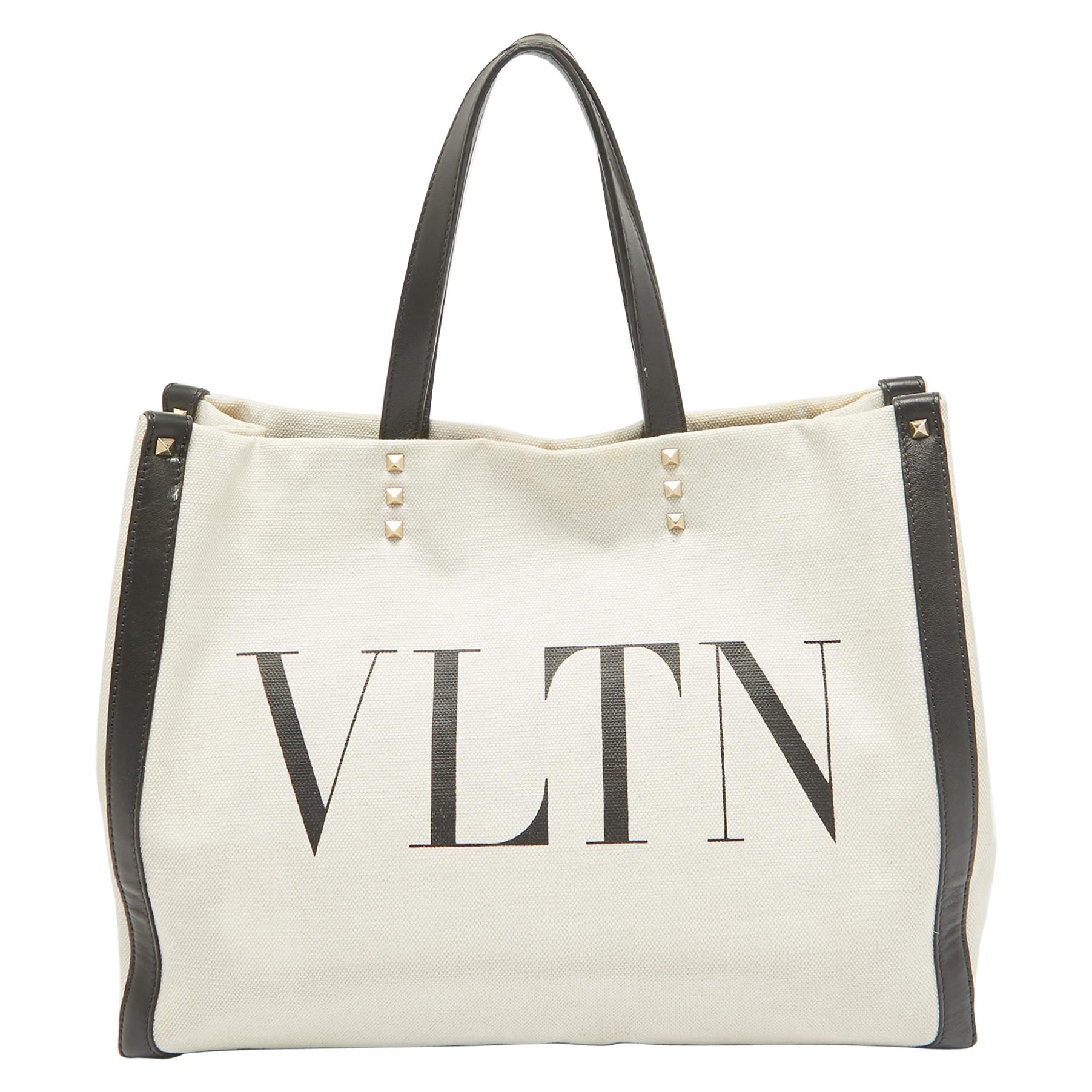 Valentino - Fourre-tout en toile et cuir blanc/noir avec logo VLTN
