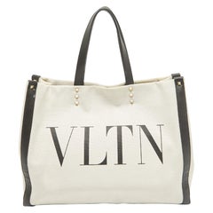 Valentino White/Black Canvas and Leather VLTN Logo Tote