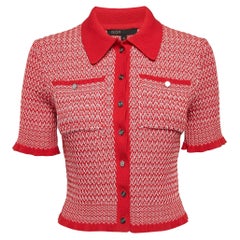 Maje Rote gemusterte Rippenstrick-Strickjacke mit Knopfleiste XS