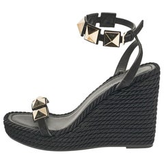Valentino Black Suede Roman Stud Platform Wedge Sandals Size 39