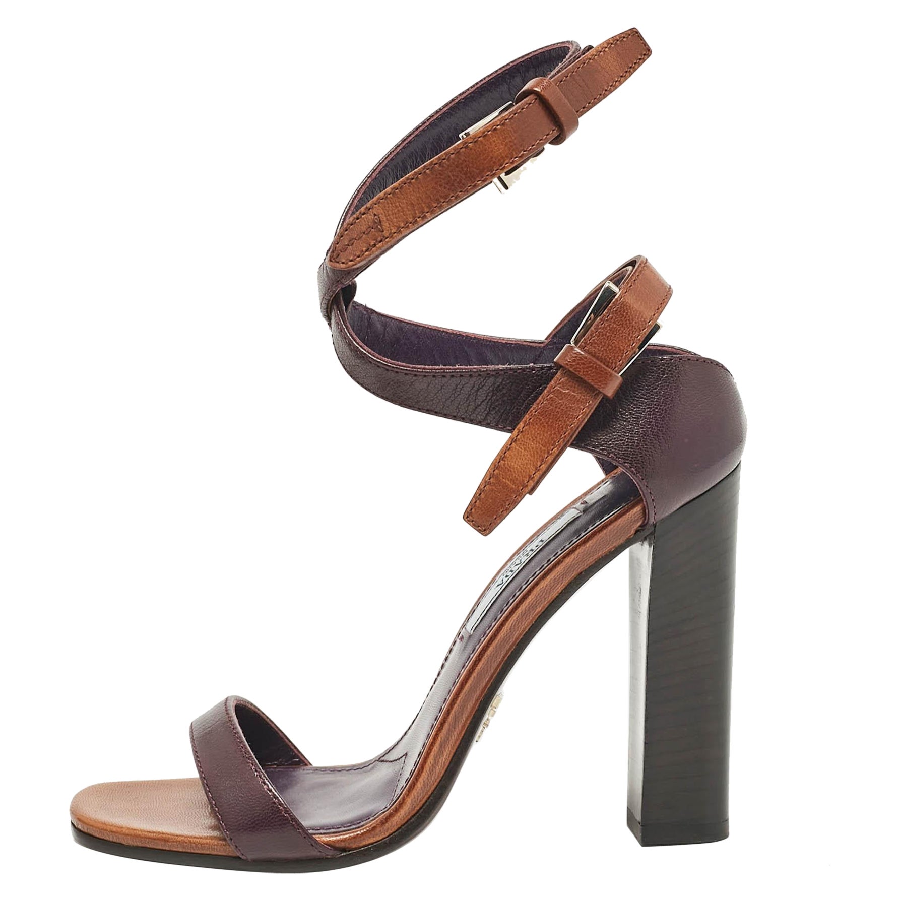 Prada Purple/Brown Leather Ankle Strap Sandals Size 36 For Sale