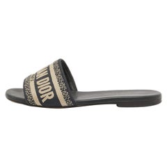 Dior Navy Blue/White Embroidered Canvas Dway Flat Slides Size 36