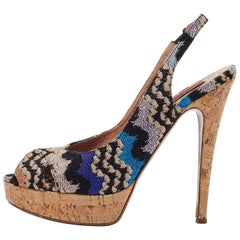 Missoni Multicolor Knit Fabric Platform Peep Toe Slingback Sandals Size 39