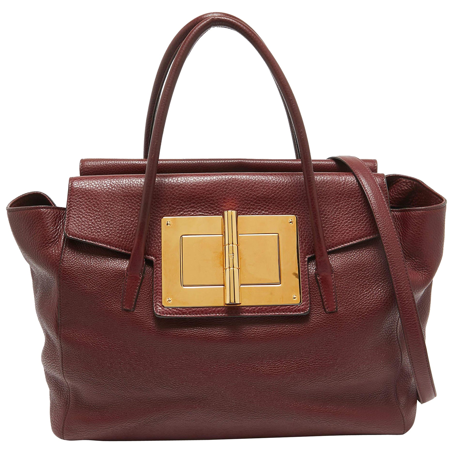 Tom Ford Dark Red Leather Turn-Lock Natalia Tote For Sale