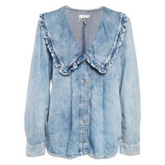 Ganni Blue Denim Ruffled Platter Collar Shirt XL