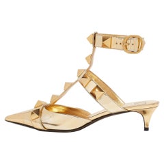Valentino Gold Leather Roman Stud Ankle Strap Pumps Size 39