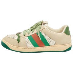 Gucci Grey/Green Leather and Nubuck Leather Screener Lace Up Sneakers Size 39.5