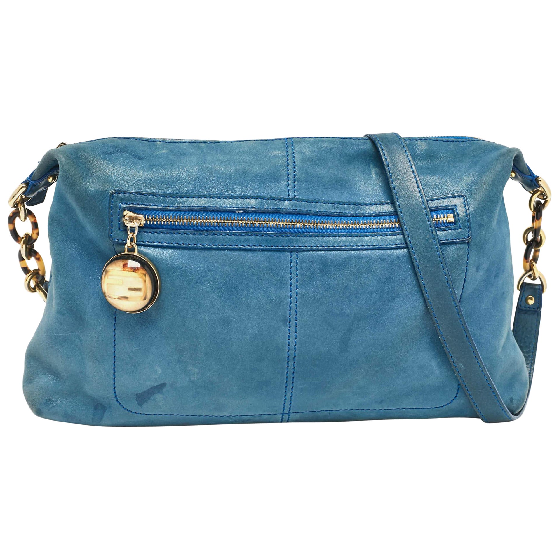Fendi Borsa a tracolla con charme in pelle nabuk blu shimmer in vendita
