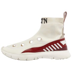 Valentino White/Red Cut Out Knit Fabric Rockstud High Top Sneakers Size 38