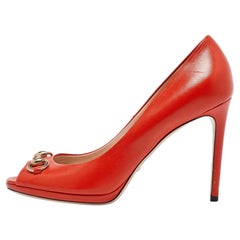 Gucci Orange Leather Hollywood Horsebit Peep Toe Pumps Size 40.5