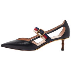 Gucci Black Leather Sylvie Web Strap Bamboo Heel Pumps Size 39