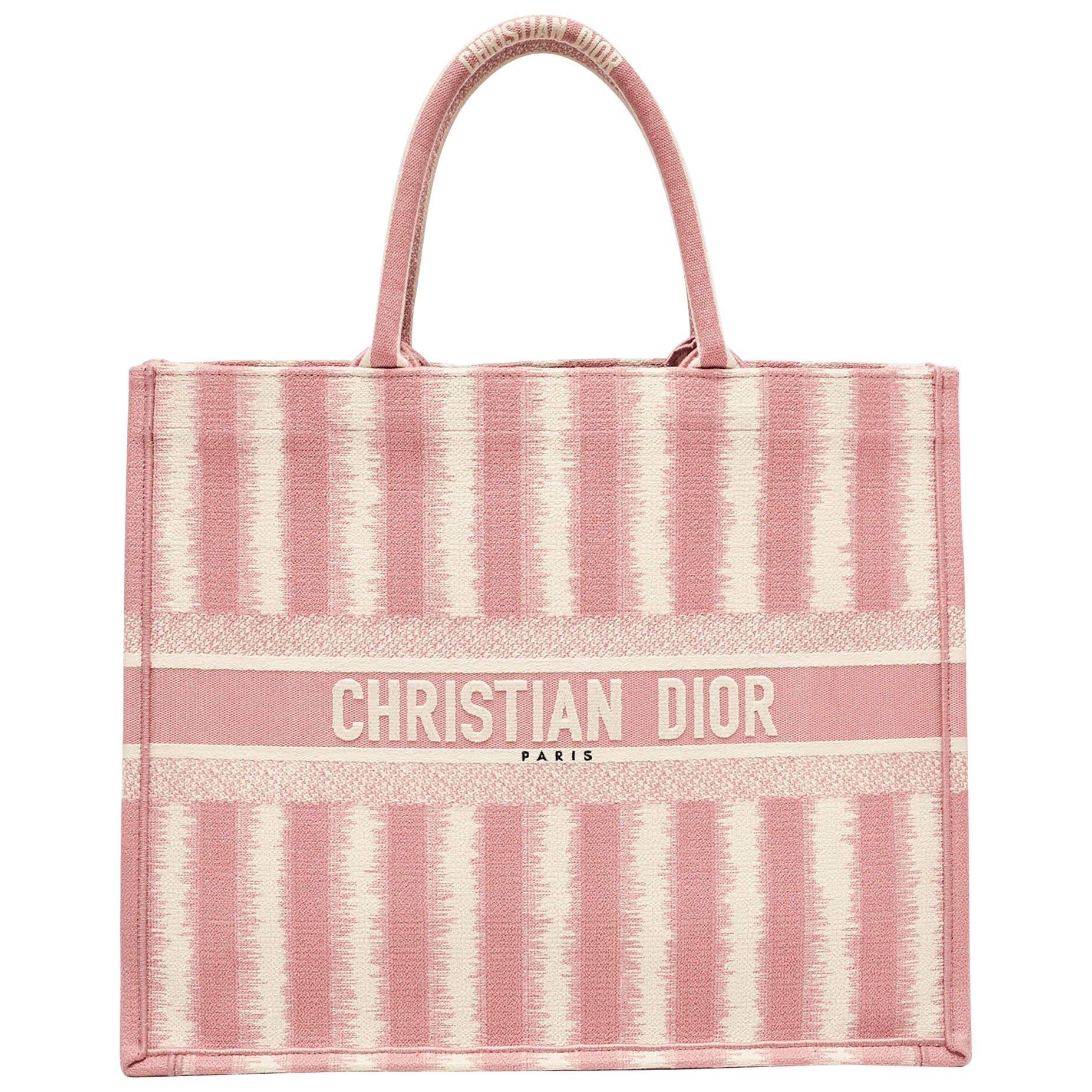 Dior Pink/White Canvas Large Stripe Book Tote For Sale