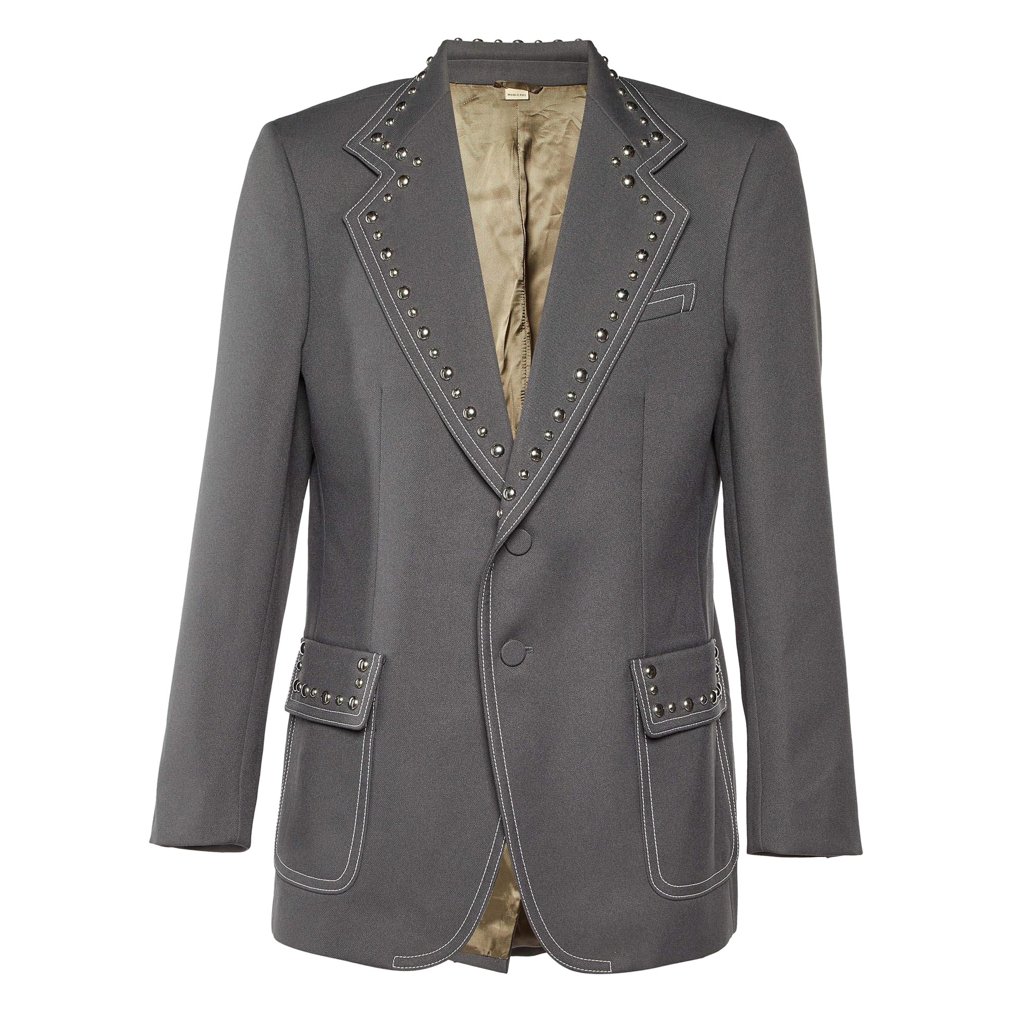 Gucci Grey Gabardine Studded Single Breasted Blazer XL For Sale