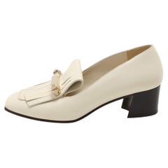 Valentino Off White Leather Embellished Fringe Detail Block Heel Pumps Size 37.5