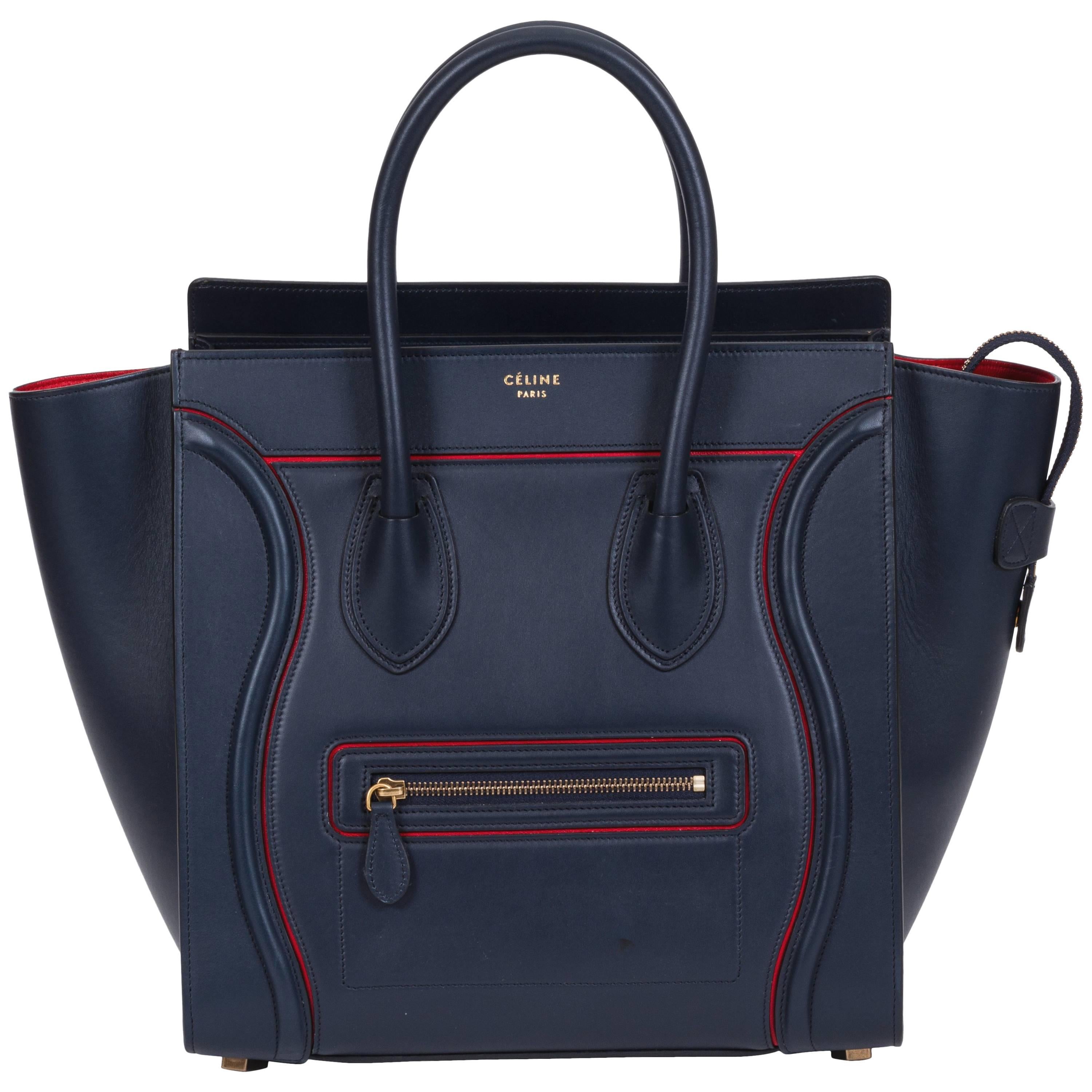 Celine Limited Edition Navy Red Leather Mini Luggage Bag