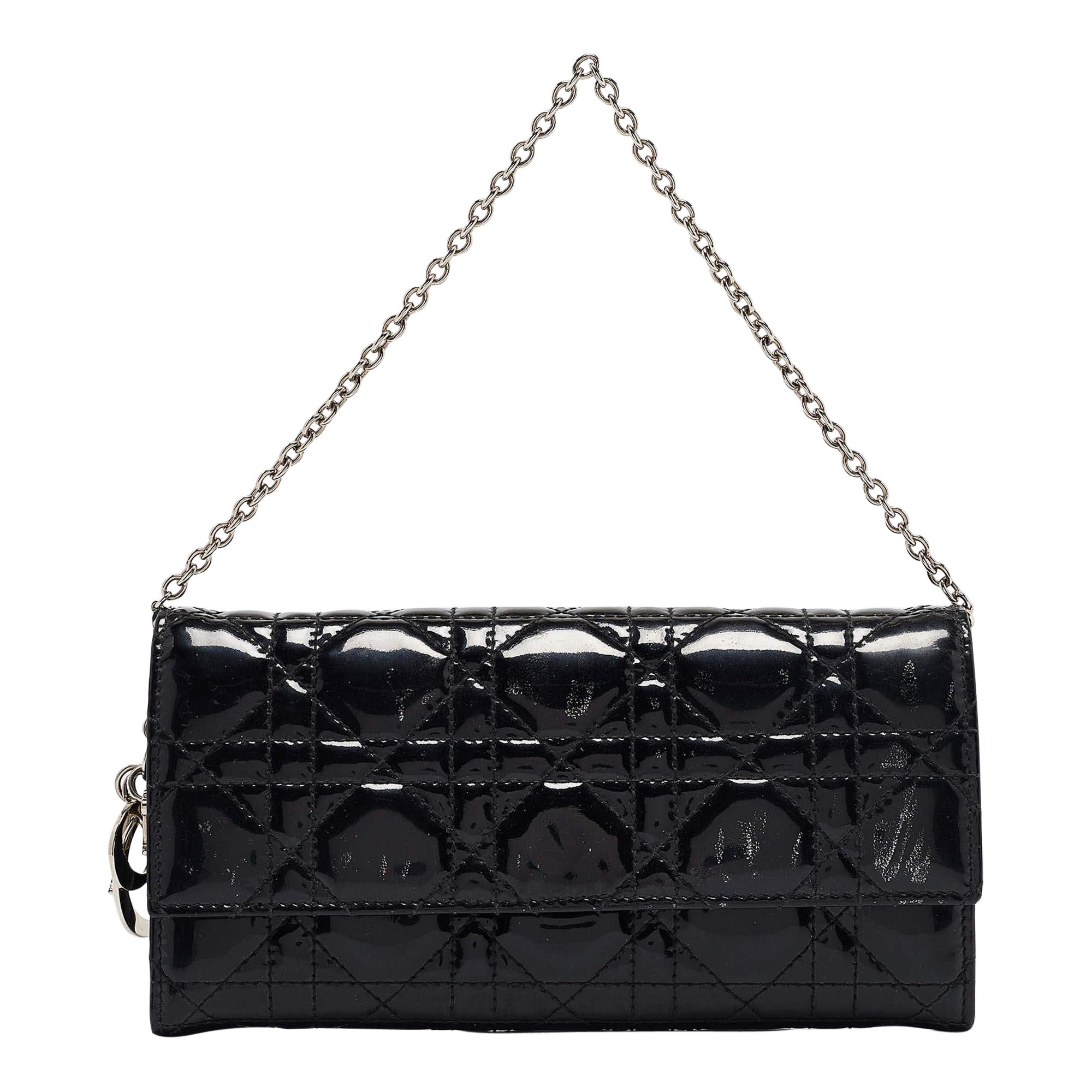 Dior Black Cannage Patent Leather Lady Dior Wallet On Chain For Sale