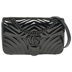 Gucci Black Matelassé Patent Leather Small GG Marmont Shoulder Bag