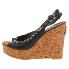 Chanel Black Leather CC Chain Link Cork Platform Wedge Sandals Size 40
