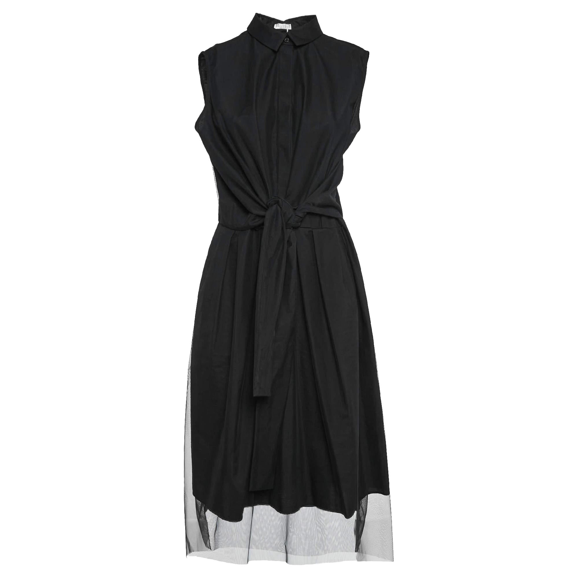Brunello Cucinelli Black Tulle Waist Tie-Up Detail Midi Dress L For Sale
