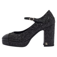 Chanel Black Glitter and Leather CC Platform Mary Jane Pumps Size 37