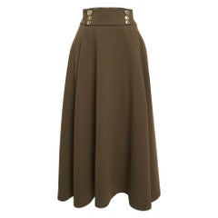 Elisabetta Franchi Olive Green Crepe Box Pleated Midi Skirt M