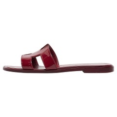 Hermes Burgundy Patent Leather Oran Flat Slides Size 36