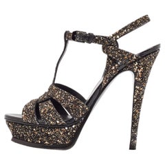Saint Laurent Black Glitter Tribute Platform Sandals Size 38.5