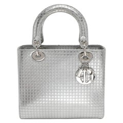 Dior Silver Cannage Leather Medium Lady Dior Top Handle Bag