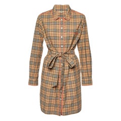 Burberry Beige kariertes Baumwollhemd mit Kontrastbesatz Minikleid M