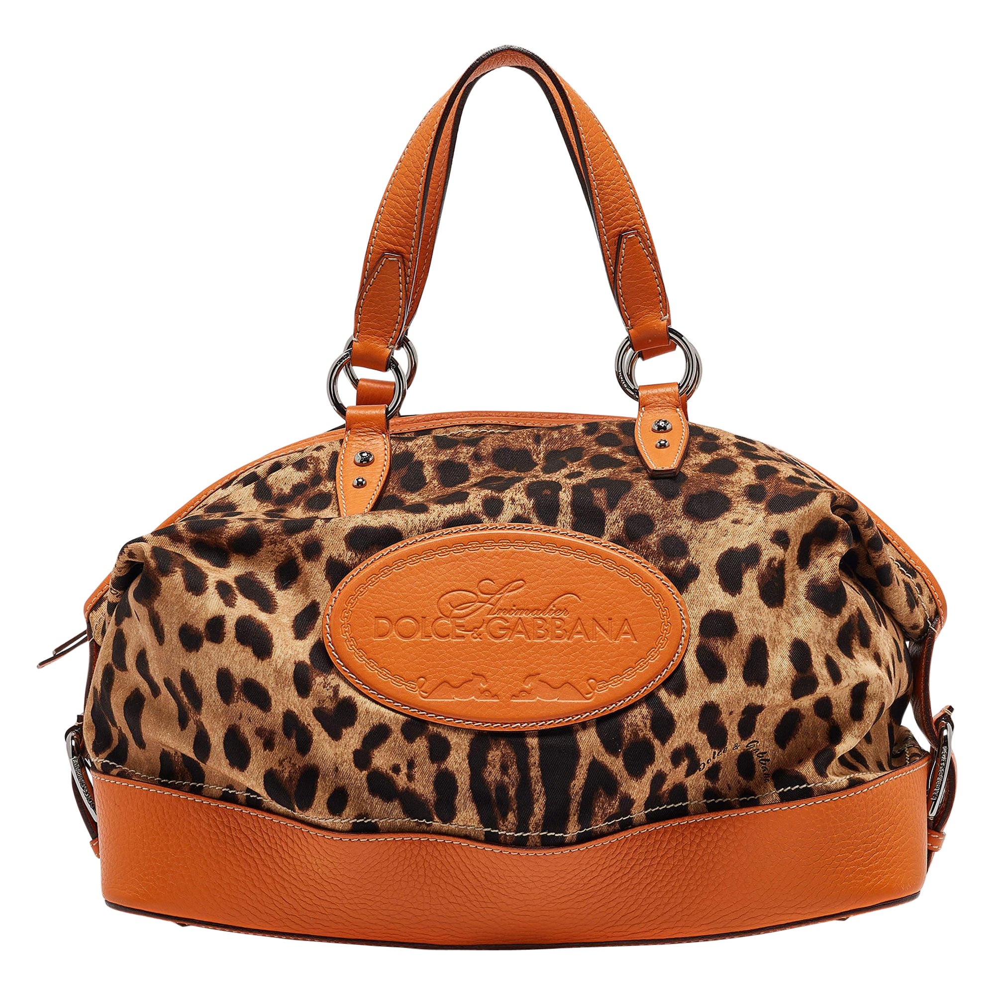 Dolce & Gabbana Orange/Beige Leopard Print Fabric and Leather Animalier Satchel