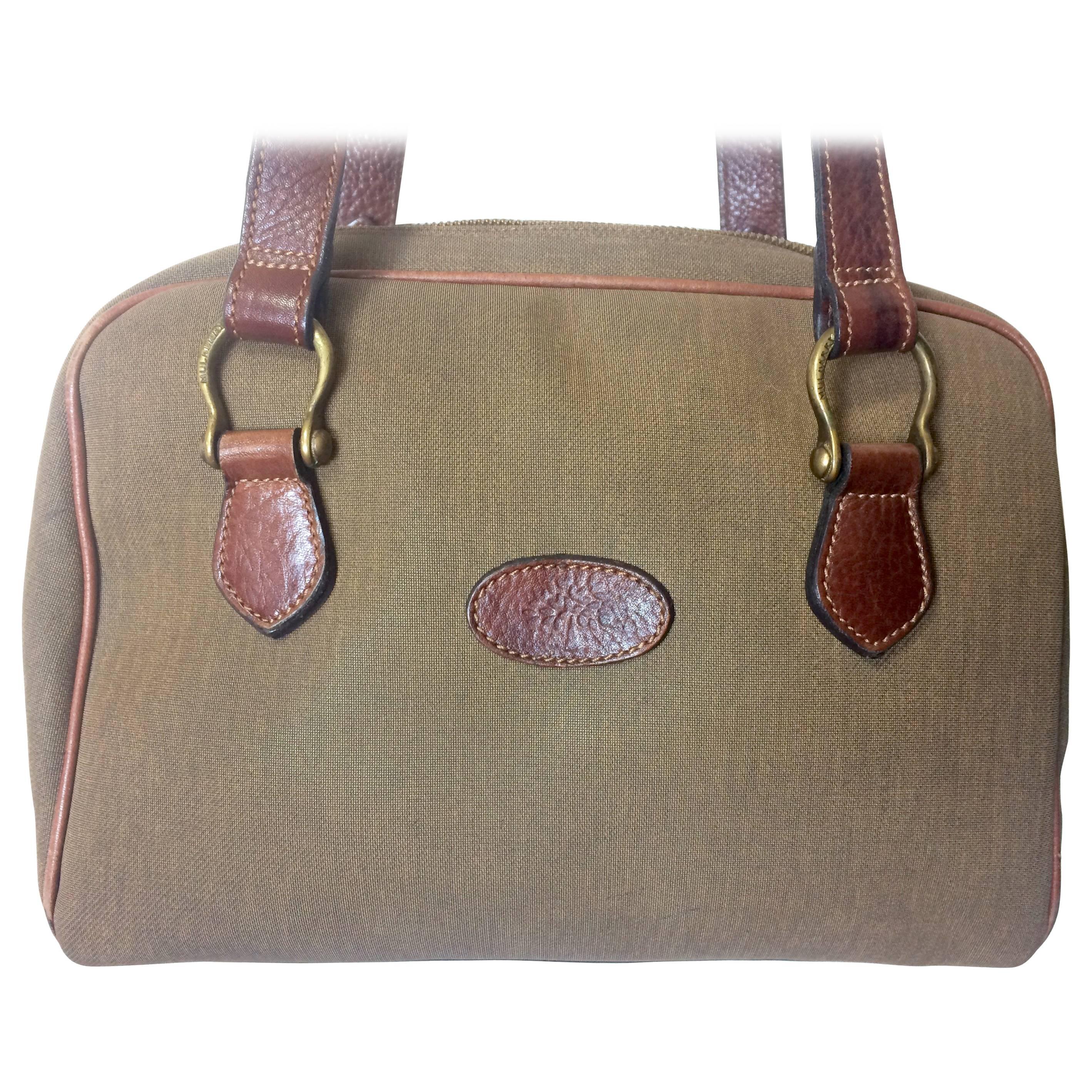 Vintage Mulberry khaki shoulder bag with fabric and brown leather mix trimmings. For Sale
