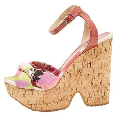 Jimmy Choo Red Patent Leather Gleam Printed Fabric Cork Wedge Sandals Size 38.5