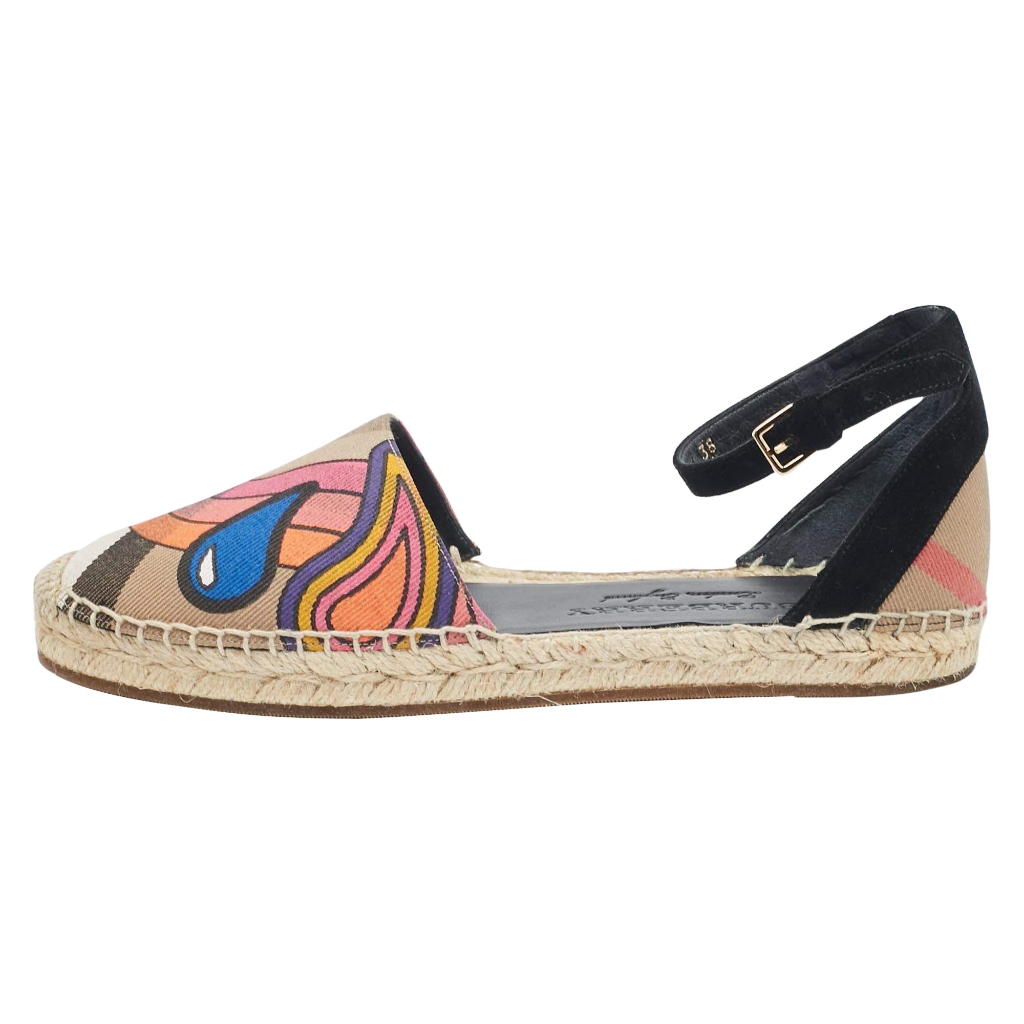 Burberry Multicolor Printed House Check Canvas Espadrille Flats Size 38