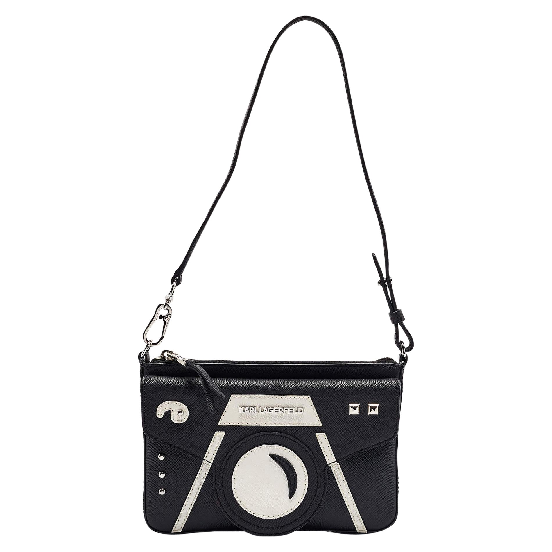 Karl Lagerfeld - Sac à bandoulière en simili-cuir noir/blanc avec appareil photo en vente