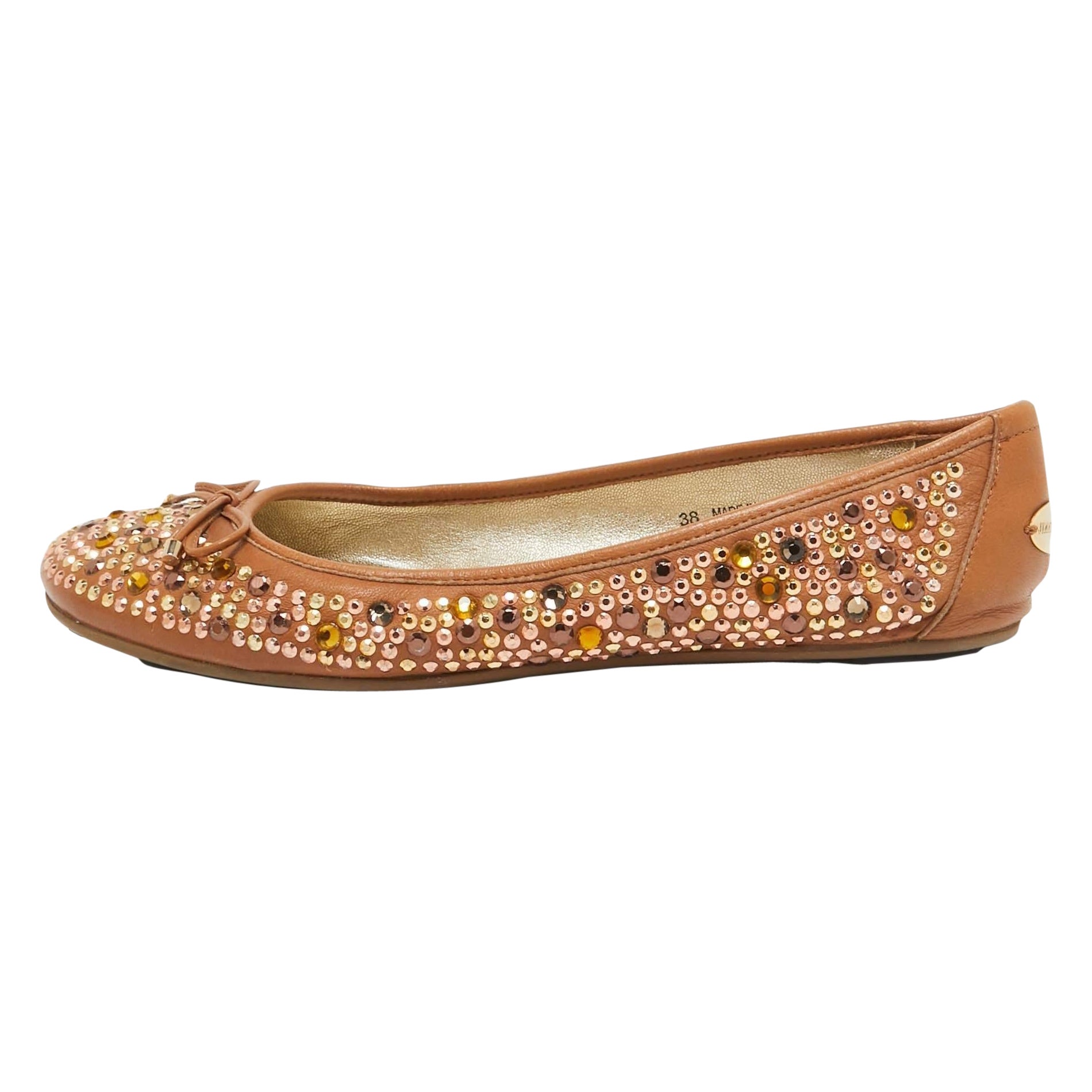 Jimmy Choo Brown Leather Crystal Embellished Ballet Flats Size 38