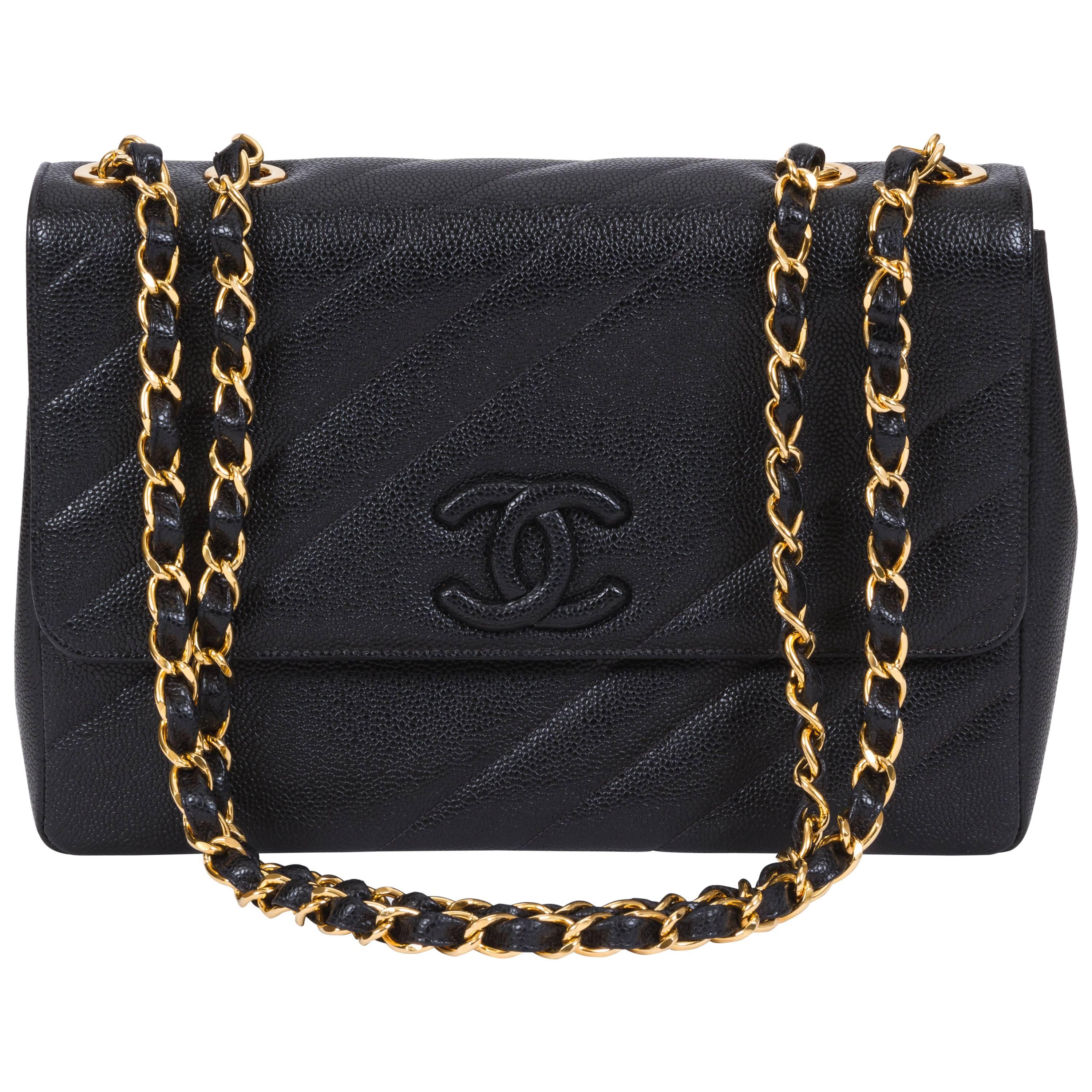 Chanel Black Caviar Diagonal Jumbo Bag