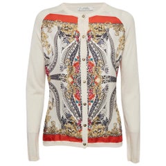Versace Collection Cream Printed Silk and Knit Buttoned Cardigan M