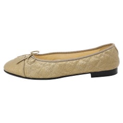 Chanel Gold Quilted Caviar Leather CC Ballet Flats Size 40