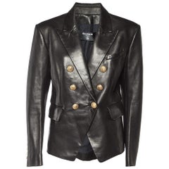 Balmain Black Leather Double Breasted Jacket XL