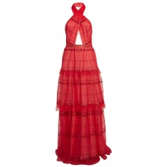 Tadashi Shoji Red Sequin Tulle Halter Neck Tiered Gown M