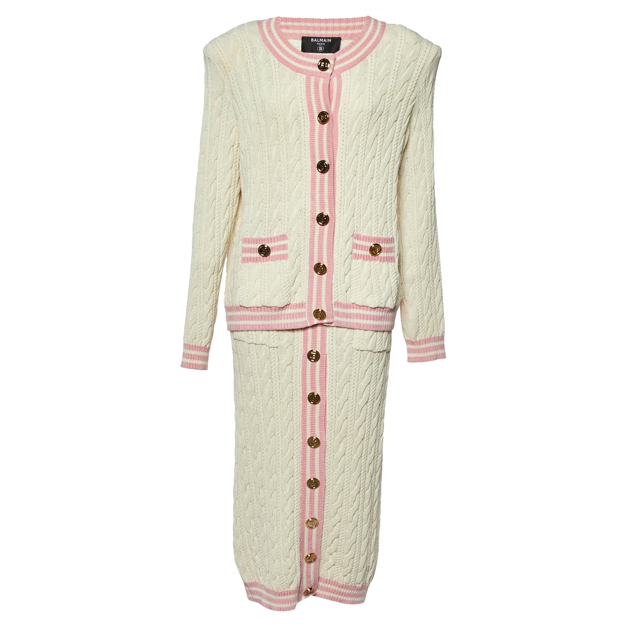 Balmain White Cable Knit Button Front Skirt & Cardigan Set L