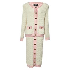 Balmain White Cable Knit Button Front Skirt & Cardigan Set L