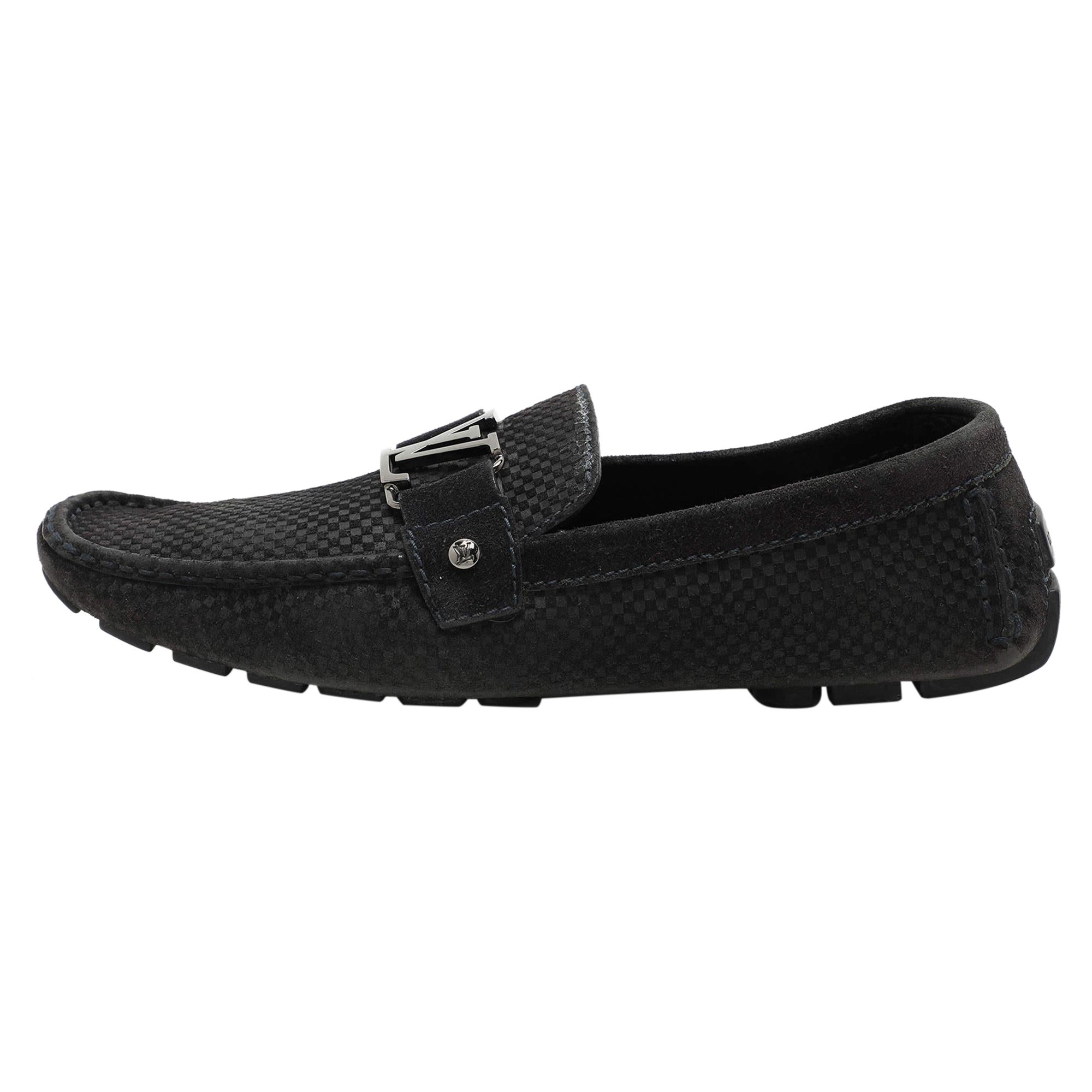 Louis Vuitton Black Damier Embossed Suede Monte Carlo Loafers Size 42.5 For Sale