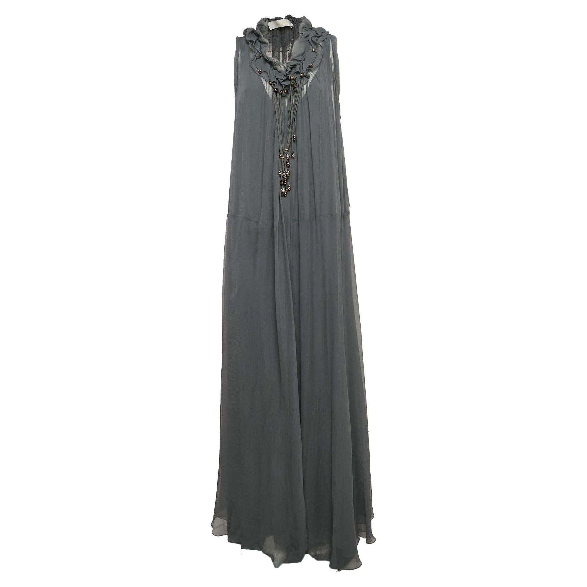 Chloe Anthracite Grey Crepe Silk Beaded Maxi Dress L For Sale