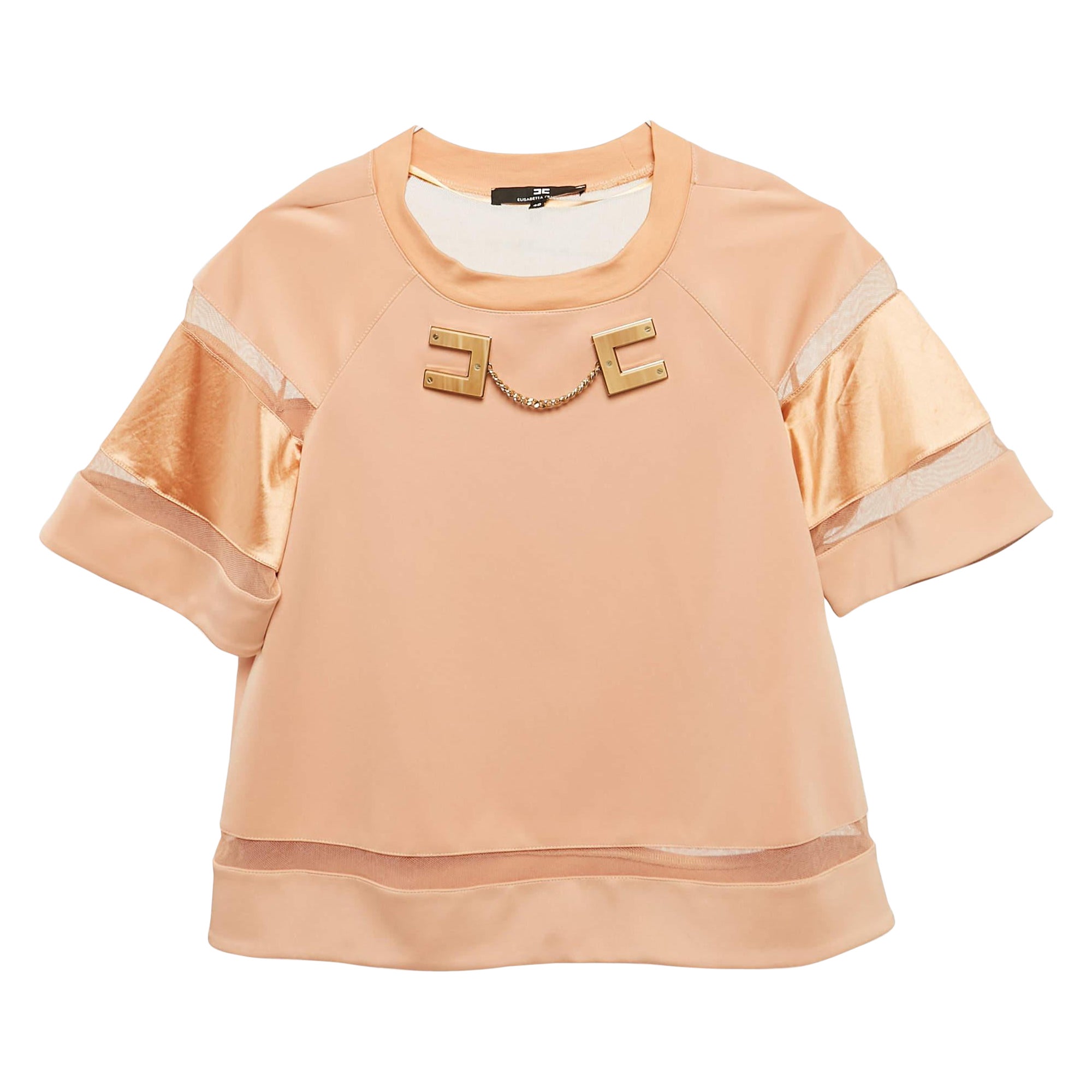 Elisabetta Franchi Hellorange  Logo-Plakette Tüllbesatz Jersey Top S im Angebot