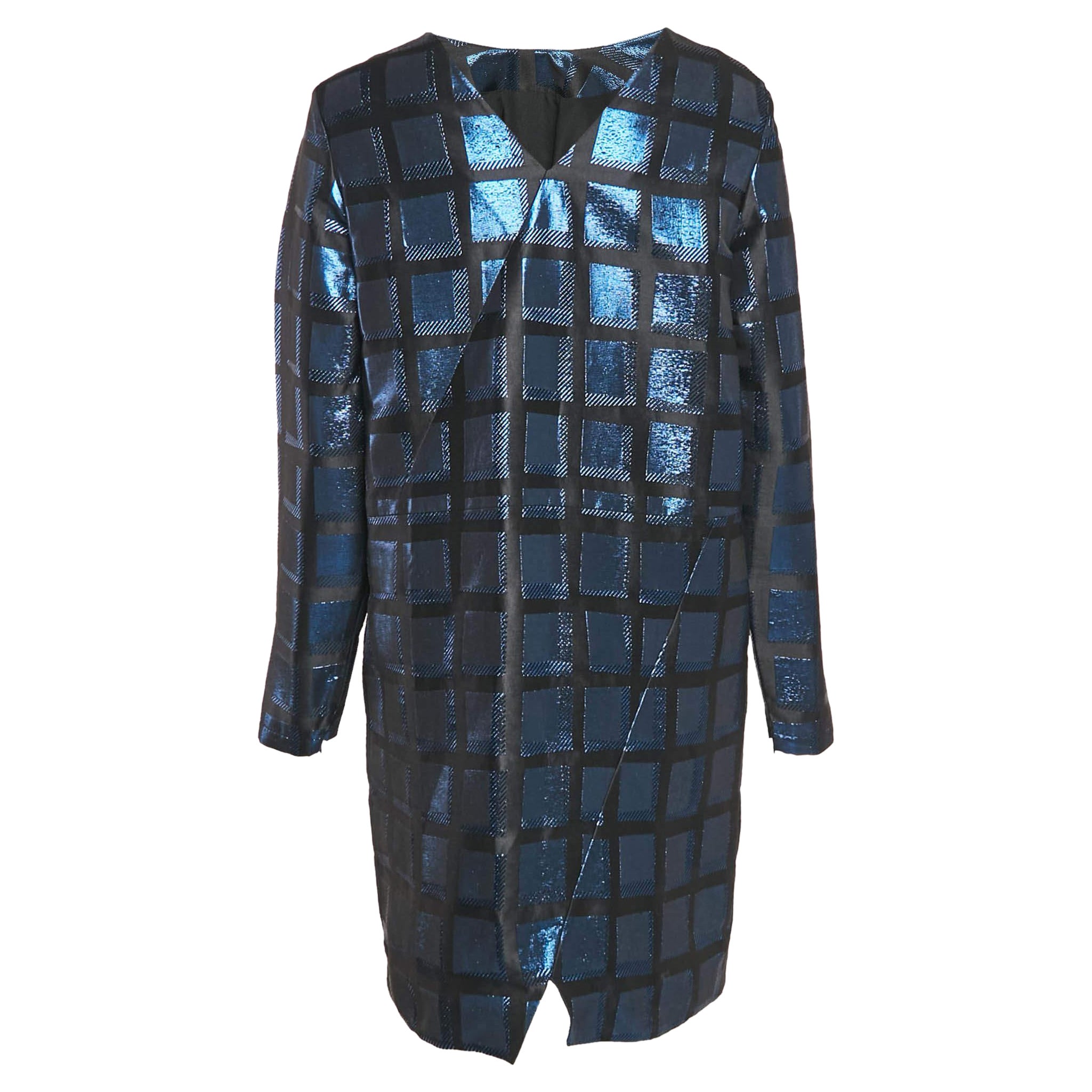 Kenzo Metallic Blue/Black Square Jacquard V-Neck Shift Dress L For Sale