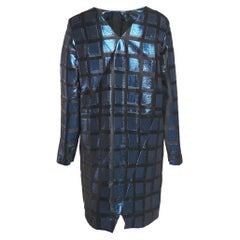 Kenzo Metallic Blue/Black Square Jacquard V-Neck Shift Dress L