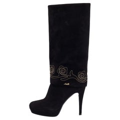 Loriblu Black Suede Cuff Embroidered Knee Length Boots Size 37.5