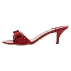 Salvatore Ferragamo Red Patent Leather Vara Bow Slide Sandals Size 40
